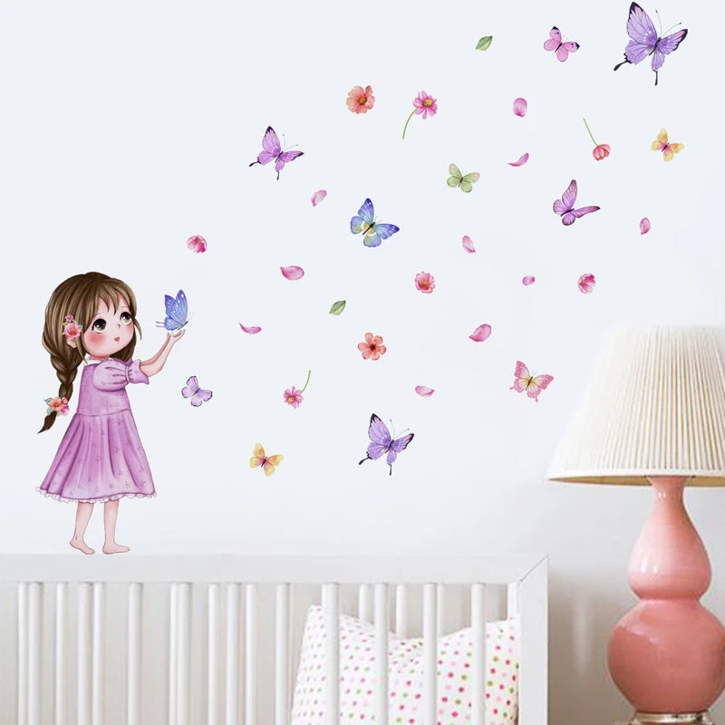 Flower little girl color butterfly wall sticker background