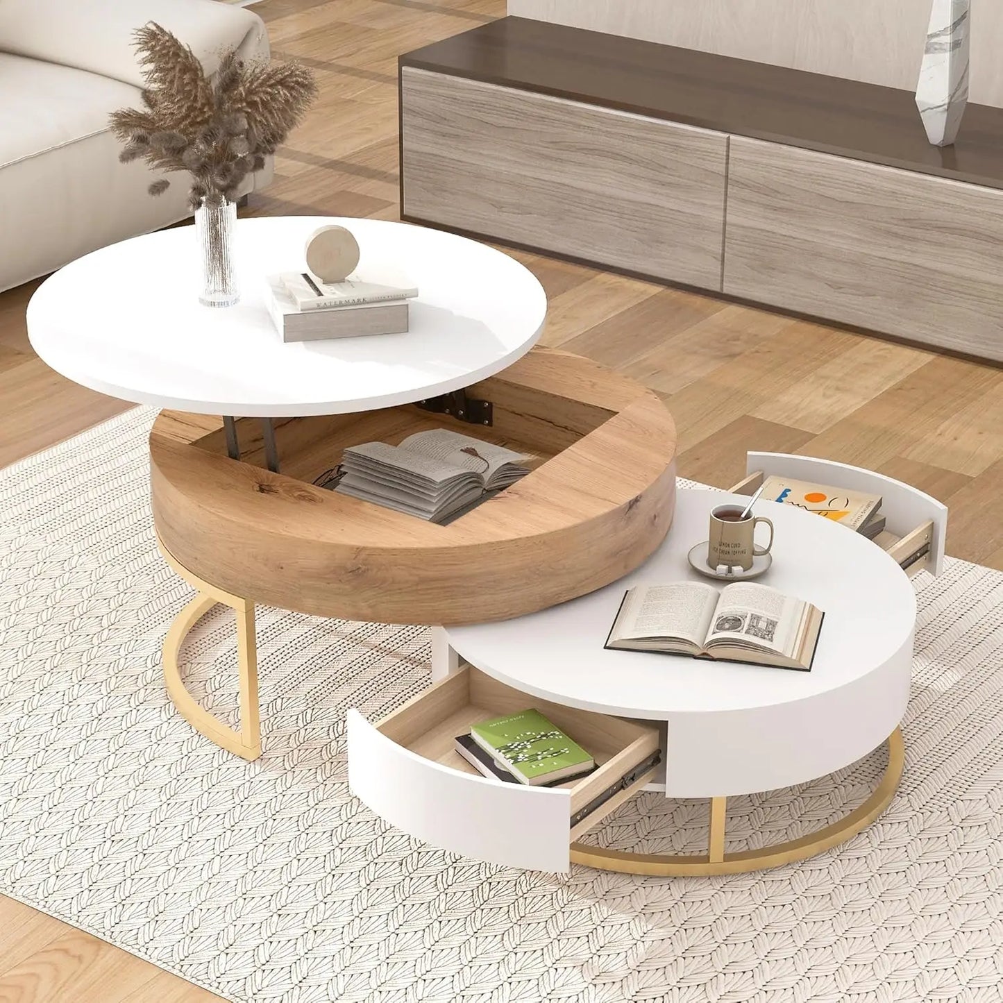 Coffee Table, Modern Round with Drawers Assemble,
