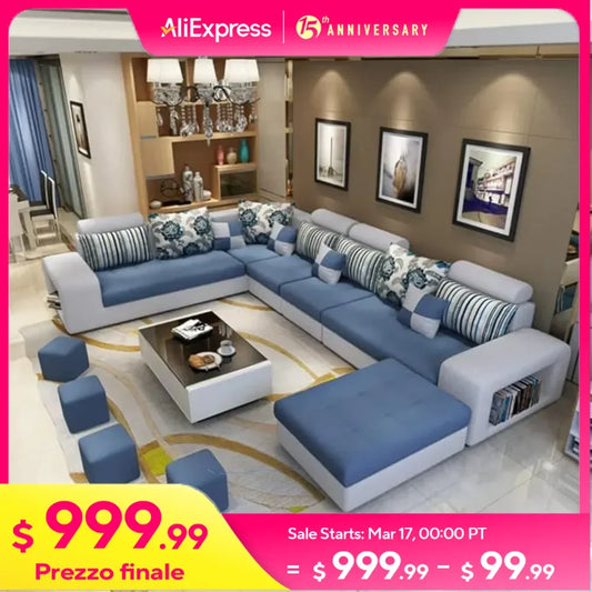 Luxury USB Charging 7 Seater Modern European Fabric Blue 360 * 240 * 176 Cm