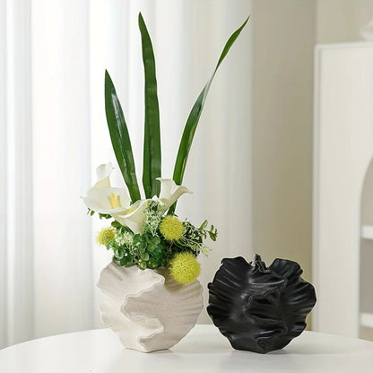 Ceramic Vase Geometric Wavy Patterns Petal Shape