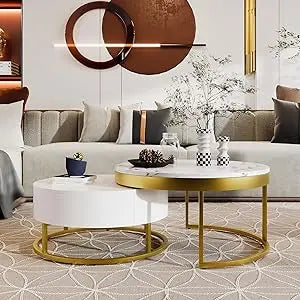 Coffee Table, Modern Round with Drawers Assemble,