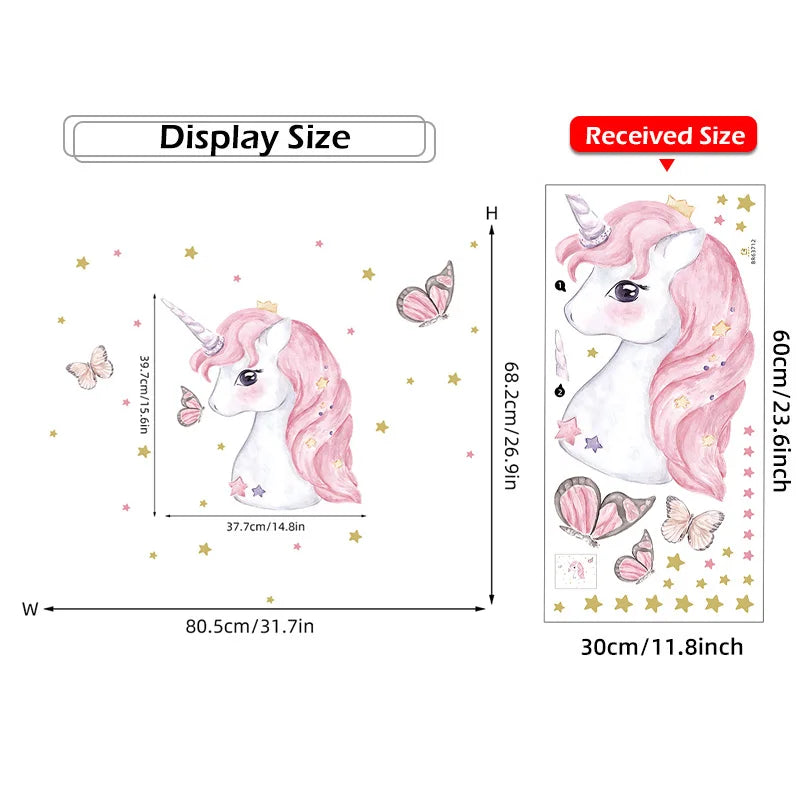 Cartoon Pink Unicorn Butterfly Wall Stickers Baby