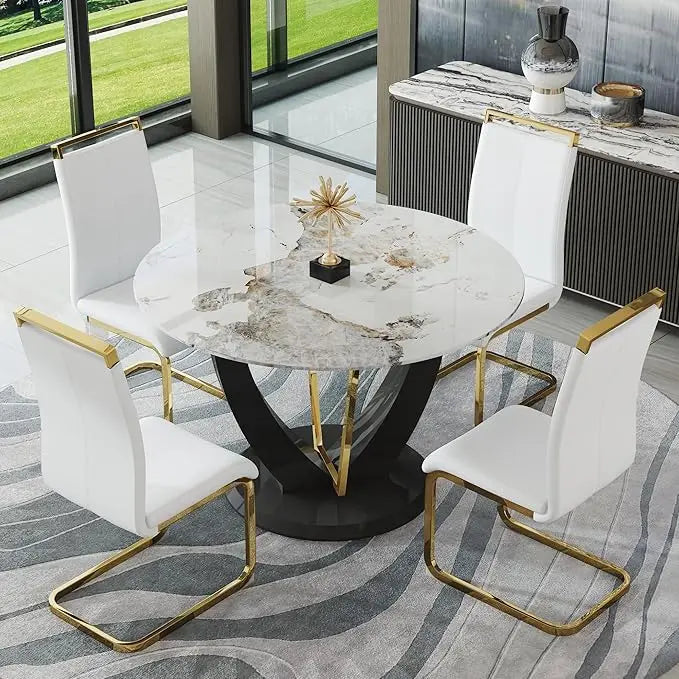 marble tabletop 4 cushioned chairs, modern kitchen table