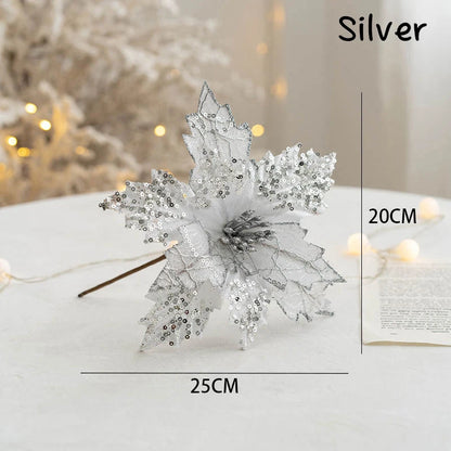 Glitter Sequin Christmas Flower Artificial Flower for Christmas Tree Decorations Big Xmas Fake Flower New Year Home Decor