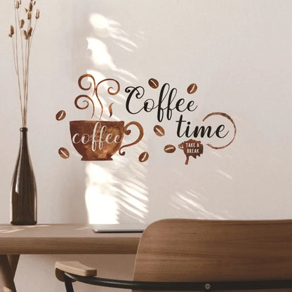 Creative Coffee Cup Pattern Wall Stickers Cafe Kitchen Bar Decor Cabinet Art English Home Decoration Self-adhesive Wallpaper
