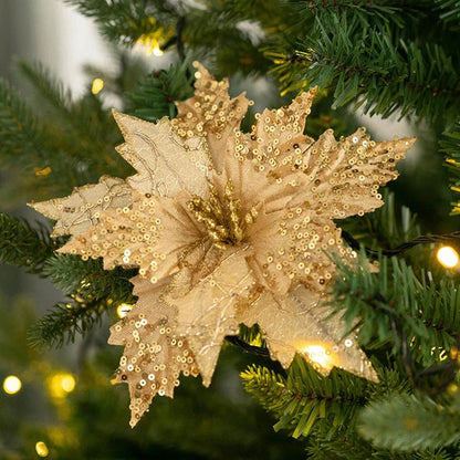 Glitter Sequin Christmas Flower Artificial Flower for Christmas Tree Decorations Big Xmas Fake Flower New Year Home Decor