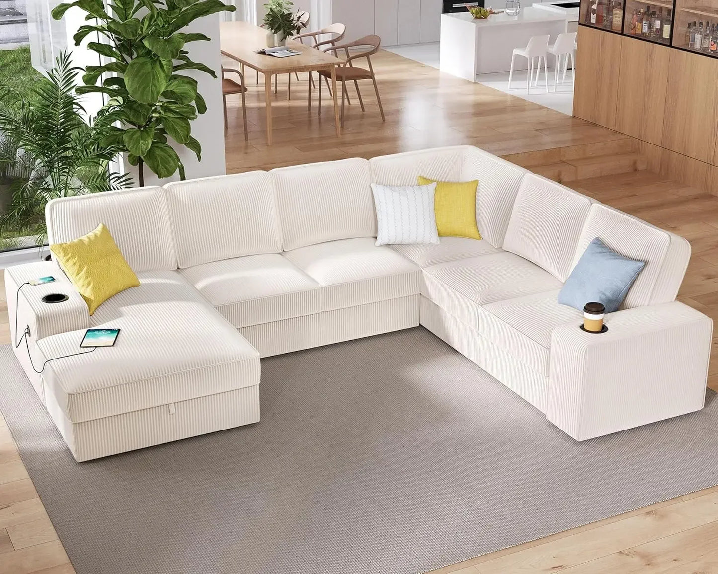 Oversized Sofa, 112 inch U Shaped Sofa with  Corduroy Grey