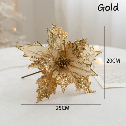 Glitter Sequin Christmas Flower Artificial Flower for Christmas Tree Decorations Big Xmas Fake Flower New Year Home Decor