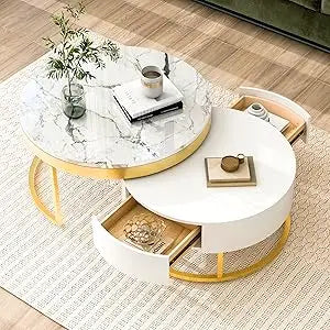 Coffee Table, Modern Round with Drawers Assemble,