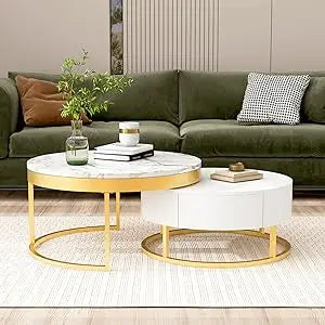 Coffee Table, Modern Round with Drawers Assemble,