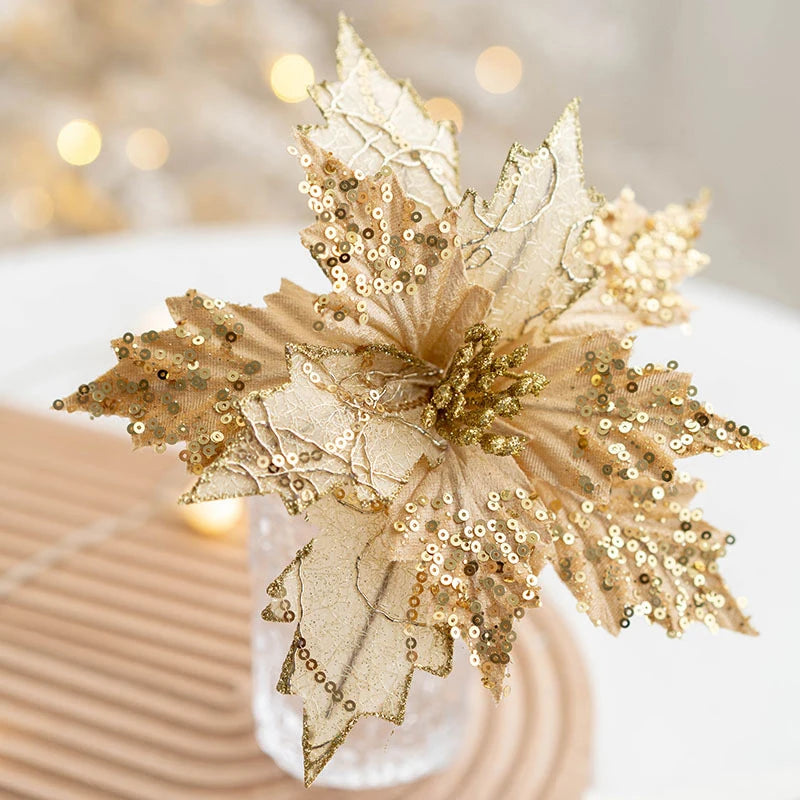 Glitter Sequin Christmas Flower Artificial Flower for Christmas Tree Decorations Big Xmas Fake Flower New Year Home Decor